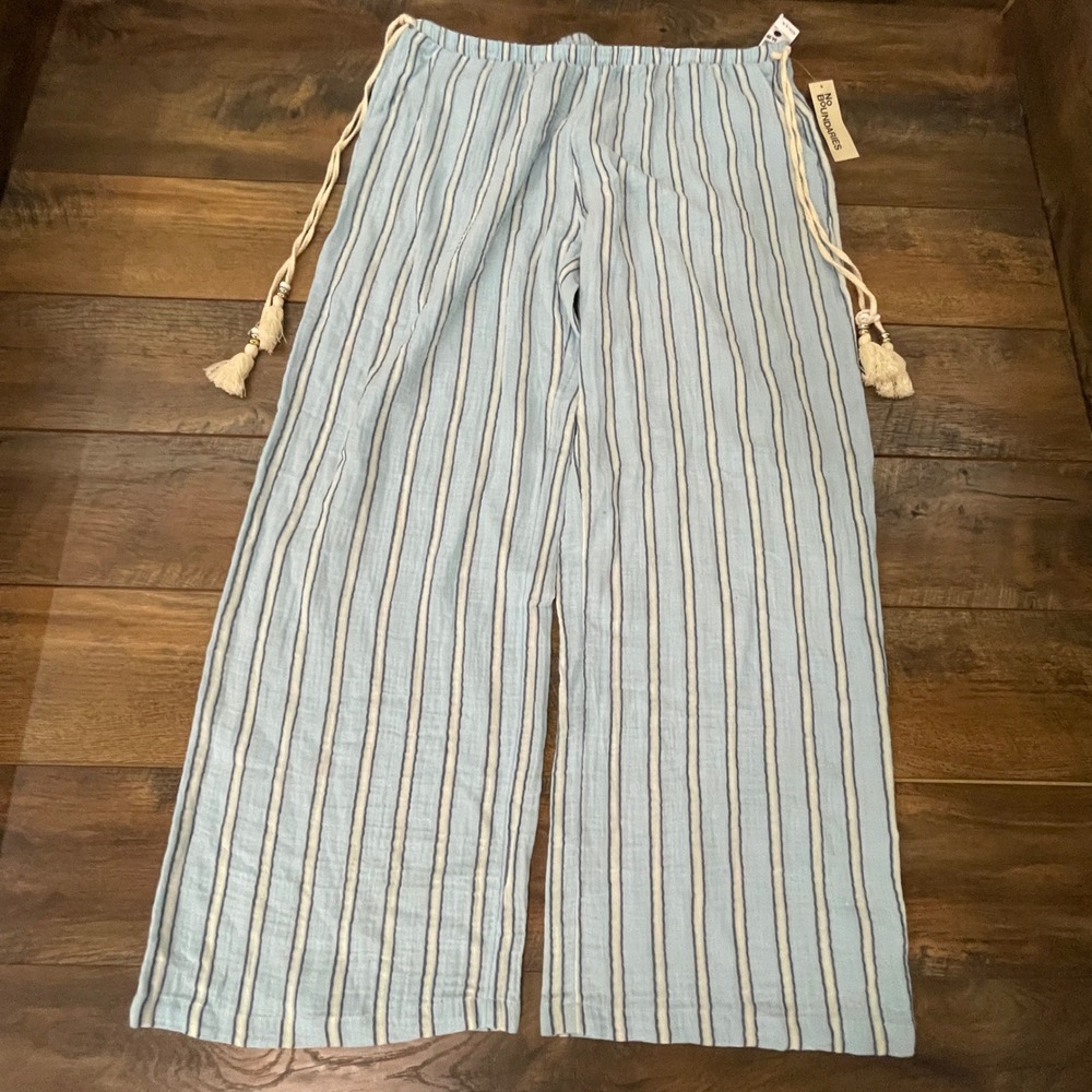 No Boundaries Women XL Light Blue Striped Cotton Gauze Pajama Pants Wide Leg NWT